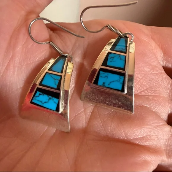 Taxco Vintage sterling silver turquoise southwestern oversized earrings - Picture 13 of 17